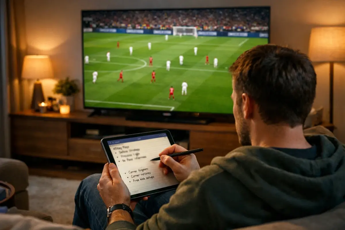 Analyse de match de football - Supporter concentré regardant un match à la télévision