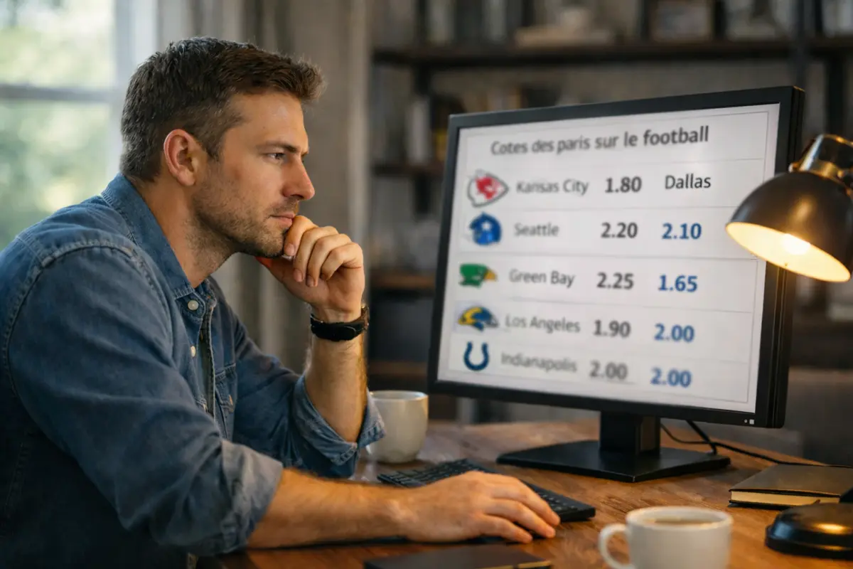 Comprendre les cotes de paris sportifs - Homme analysant des statistiques de football sur écran