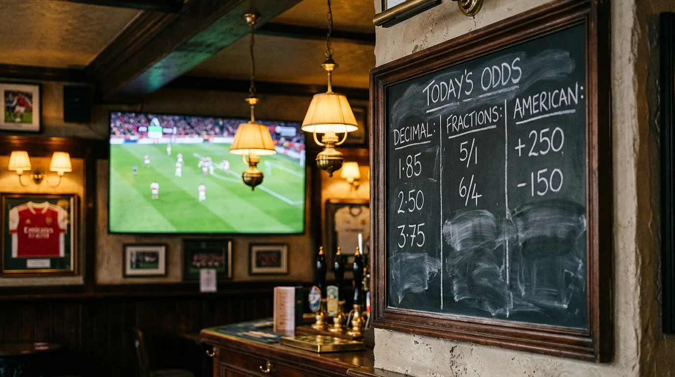 Tableau de cotes de paris sportifs affiché dans un pub britannique avec un écran de match de football en arrière-plan