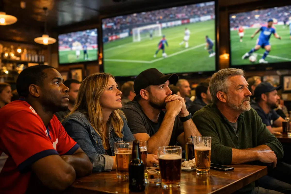 Paris en direct football - Fans dans un bar sportif regardant un match